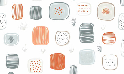 Soft pastel squares with simple graphic patterns on a white background, creating a seamless, calming, abstract texture