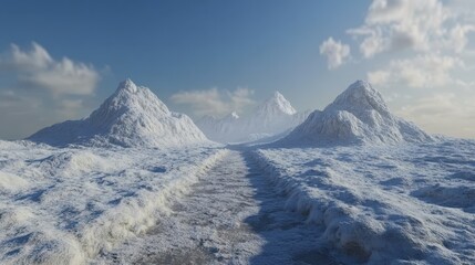 Cold Winter Landscape. Snowy Mountains Scenery, Clear Blue Sky, Ice Road