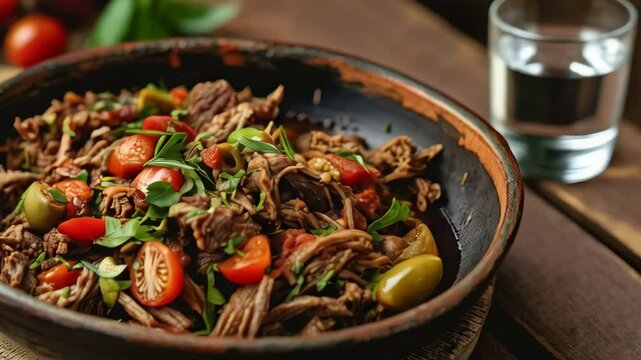 Cuban ropa vieja in a traditional dish, with shredded beef, tomatoes, and olives. A flavorful and classic dish from Cuba.