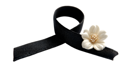 A black ribbon looped in memory with a tiny white flower pin, isolated on Transparent Background