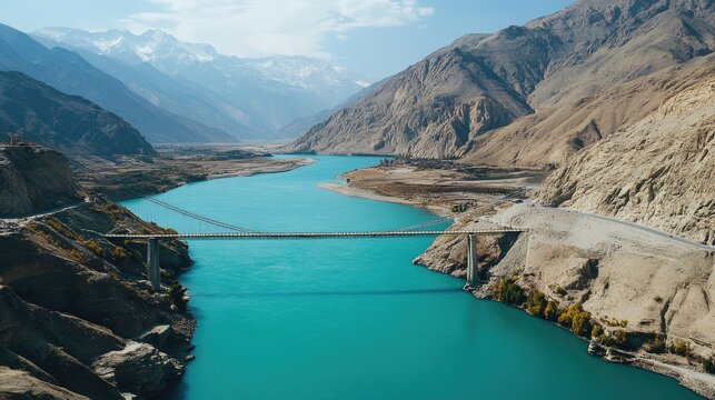 Scenic Bridge Over Turquoise River Amidst Majestic Mountains Landscape