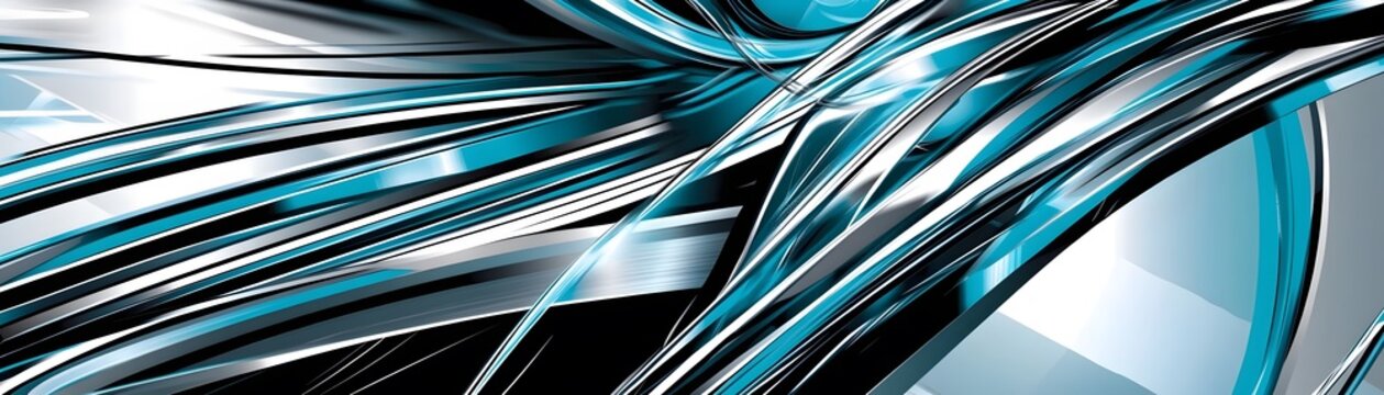 Abstract design with intersecting teal and silver lines.