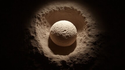 Moon nestled in cratered lunar landscape