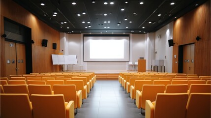 Modern lecture hall with orange seats, a large projection screen, and wood-accented walls, ready for presentations or conferences.