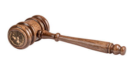 A classic judge?s gavel engraved with UN emblem, symbolizing justice in public governance, isolated on Transparent Background