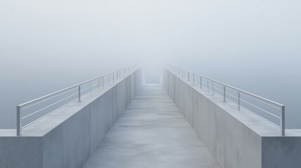Naklejka premium Into the Mist: A long, concrete walkway disappears into a dense, ethereal fog, creating a sense of mystery and intrigue, inviting the viewer to ponder what lies beyond the veil. 