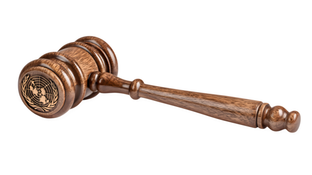 A classic judge?s gavel engraved with UN emblem, symbolizing justice in public governance, isolated on Transparent Background