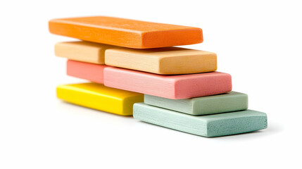 Stacked colorful wooden toy blocks, forming an asymmetrical, tiered arrangement on a clean, white background