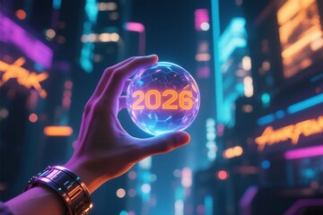 Futuristic hand holding glowing crystal ball displaying the year 2026 in a cyberpunk city