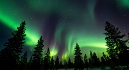 Fototapeta premium Vibrant green and purple aurora borealis illuminates the night sky above a snowy forest of dark evergreen trees