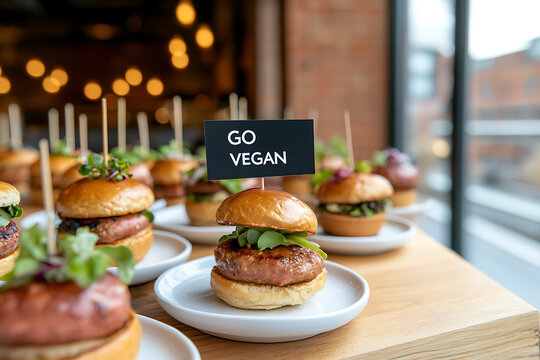 Vegan slider appetizers on plates, served indoors, with a sign that reads "GO VEGAN". Bite-sized plant-based delights.