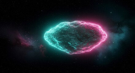 A glowing celestial body, a rock-like form, shimmers with cyan and magenta in a cosmic space background