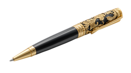 A diplomat?s pen with a delicate floral engraving on its gold clip, symbolizing elegance and leadership, isolated on Transparent Background
