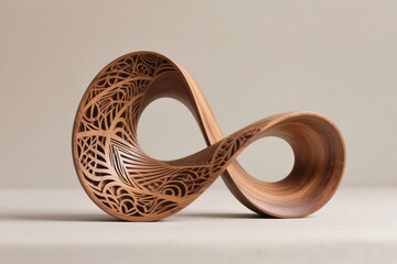 Intricate wooden sculpture depicting a mobius strip with detailed laser cut patterns