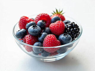 “Mixed berries (blueberries, raspberries, blackberries) in a glass bowl on a white surface”