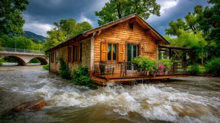 Fototapeta premium Flooded house surrounded by water scenic location nature photography dramatic atmosphere landscape view resilience concept