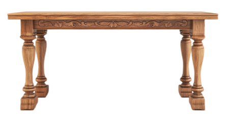 Wooden Table with Carved Detail on White Background