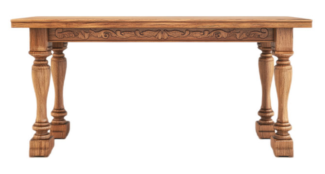 Wooden Table with Carved Detail on White Background
