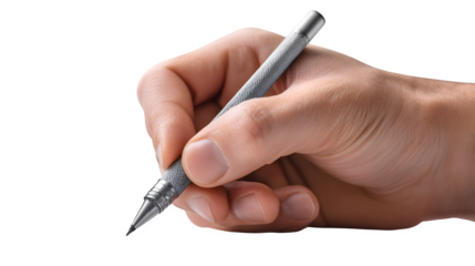 A hand holding a pencil, sketching a small business logo, isolated on Transparent Background