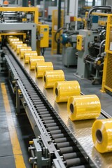Fototapeta premium Rolls of yellow plastic film on conveyor belt in industrial manufacturing factory