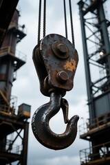Rusty steel crane hook hanging in a industrial setting against a cloudy sky