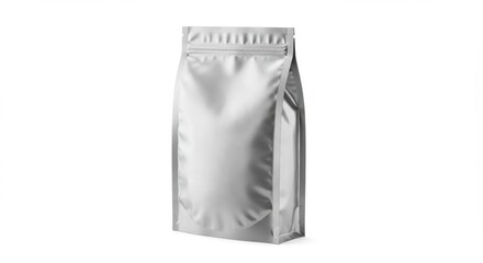 A sleek, silver, stand-up pouch with a resealable zipper. Ideal for food or other products needing airtight storage