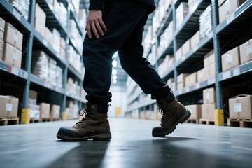 Obraz premium Worker wearing boots walking through warehouse aisle with boxes on shelves