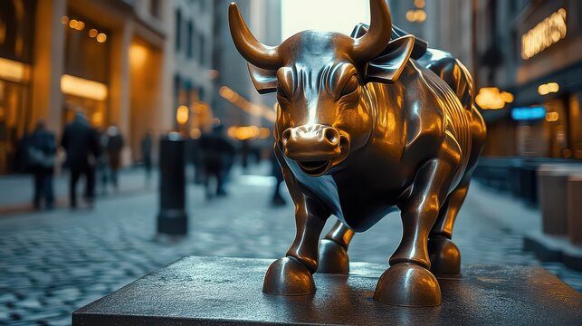 A bronze bull statue stands prominently in a city street with blurred figures in the background