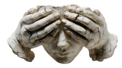A plaster-cast sculpture of hands covering ears, cracked but mending, isolated on Transparent Background