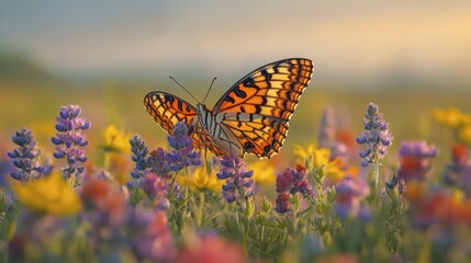 Obraz premium Colorful butterfly resting amidst vibrant wildflowers at sunrise