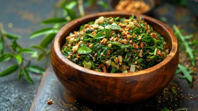 Burmese tea leaf salad lahpet thoke, fermented tea leaves with nuts and seeds, served in a wooden bowl. A traditional and flavorful dish from Burma