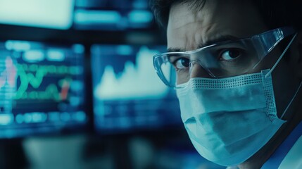 Man in mask and safety glasses looking at screens with data graphs in a dark blue environment