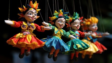 Colorful string puppets hanging