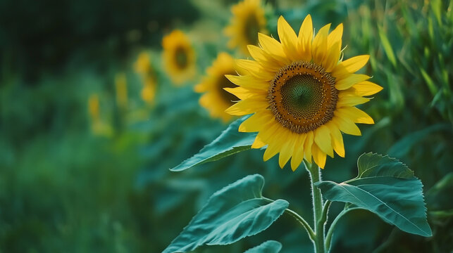 Beautiful sunflower in full bloom with green leaves in the background. Yellow flower, nature photography, close-up. - Powered by Adobe