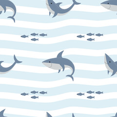 Seamless pattern with sharks and fish. Vector.	