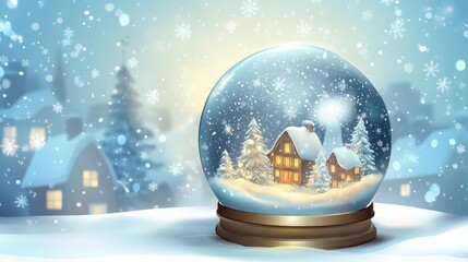 Fototapeta premium Snow globe with a miniature winter village scene inside, featuring snow covered houses and trees, with snowflakes falling against a blurred background of more houses.