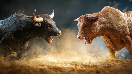 Two bulls facing each other in a standoff with dust and dirt flying in the air ready to charge and fight