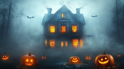 Spooky Halloween night scene with haunted house glowing in fog, illuminated jack o lanterns, and bats flying in the dark sky. Halloween concept.
