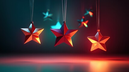 Three hanging star ornaments in red and orange tones with blurred stars in the background, creating a festive and decorative scene for holiday or celebratory themes.