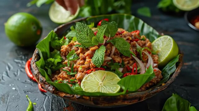 Laotian larb, spicy minced meat salad with lime and herbs, served in a banana leaf bowl. A traditional and flavorful dish from Laos