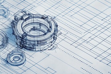 Exploded modular component blueprint with technical line drawings, pastel overlays, and monochrome ruler grid background for abstract engineering concept
