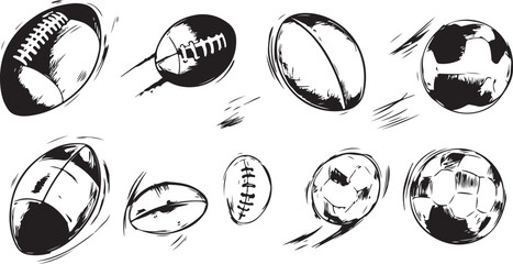 Obraz premium Hand Drawn Sketch of Various Balls in Motion American Football Rugby Soccer