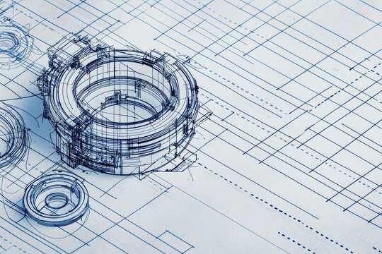 Exploded modular component blueprint with technical line drawings, pastel overlays, and monochrome ruler grid background for abstract engineering concept