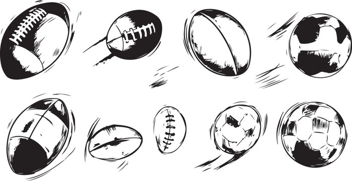Hand Drawn Sketch of Various Balls in Motion American Football Rugby Soccer
