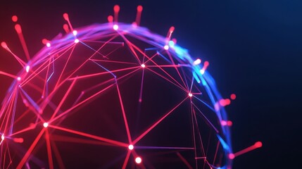 Abstract sphere with glowing nodes and lines against a dark background, representing a global network, technology, or futuristic concept with red and blue illumination.