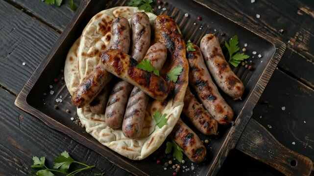 Serbian Cevapi, small grilled meat sausages with flatbread, served on a rustic tray. A traditional and flavorful dish from Serbia