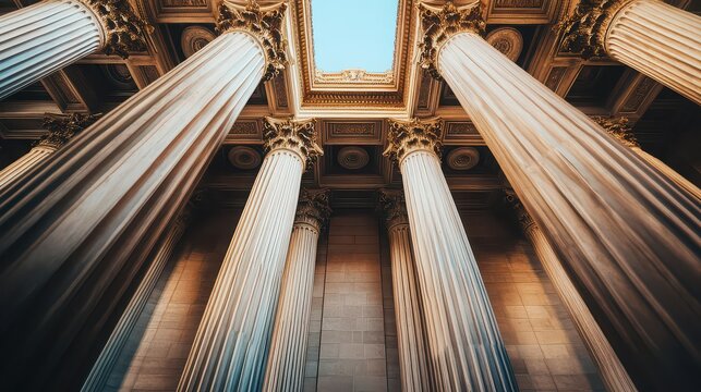 Worm's eye view of tall white columns supporting an ornate ceiling with a skylight above them all