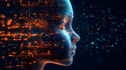 Digital Profile of a Futuristic Human Face with Sparkling Lights