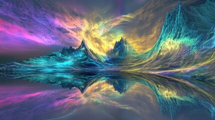 Abstract fractal landscape with mountains and reflection in water. Colorful fractal art, digital artwork with fantasy scene and surreal mountain range.