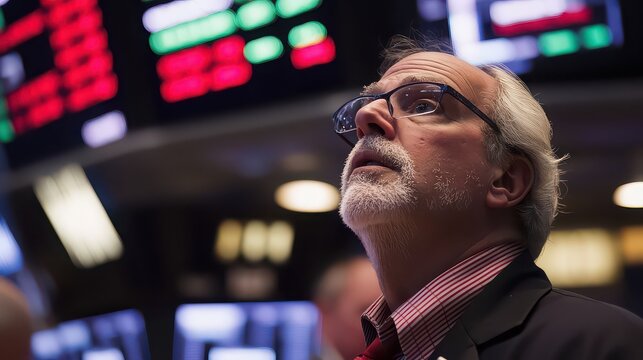 Man with glasses looking up at stock market board with red and green indicators displayed above him